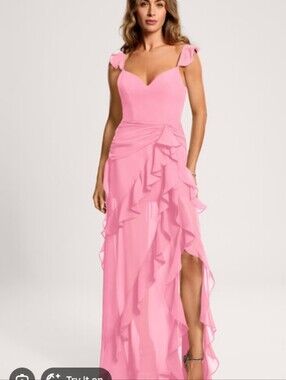: JJ's House Pink Chiffon Cascading Ruffle Maxi Dress Open Lace Up Back Slit Sz